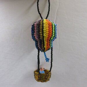 Hot Air Balloon Glass Seed Beaded Christmas Ornament Handmade Rainbow Colors